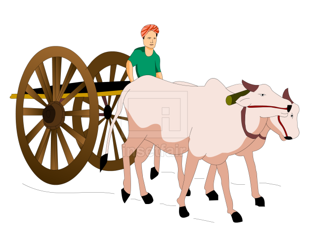 Bull cart with large wooden wheels png cartoon clipart